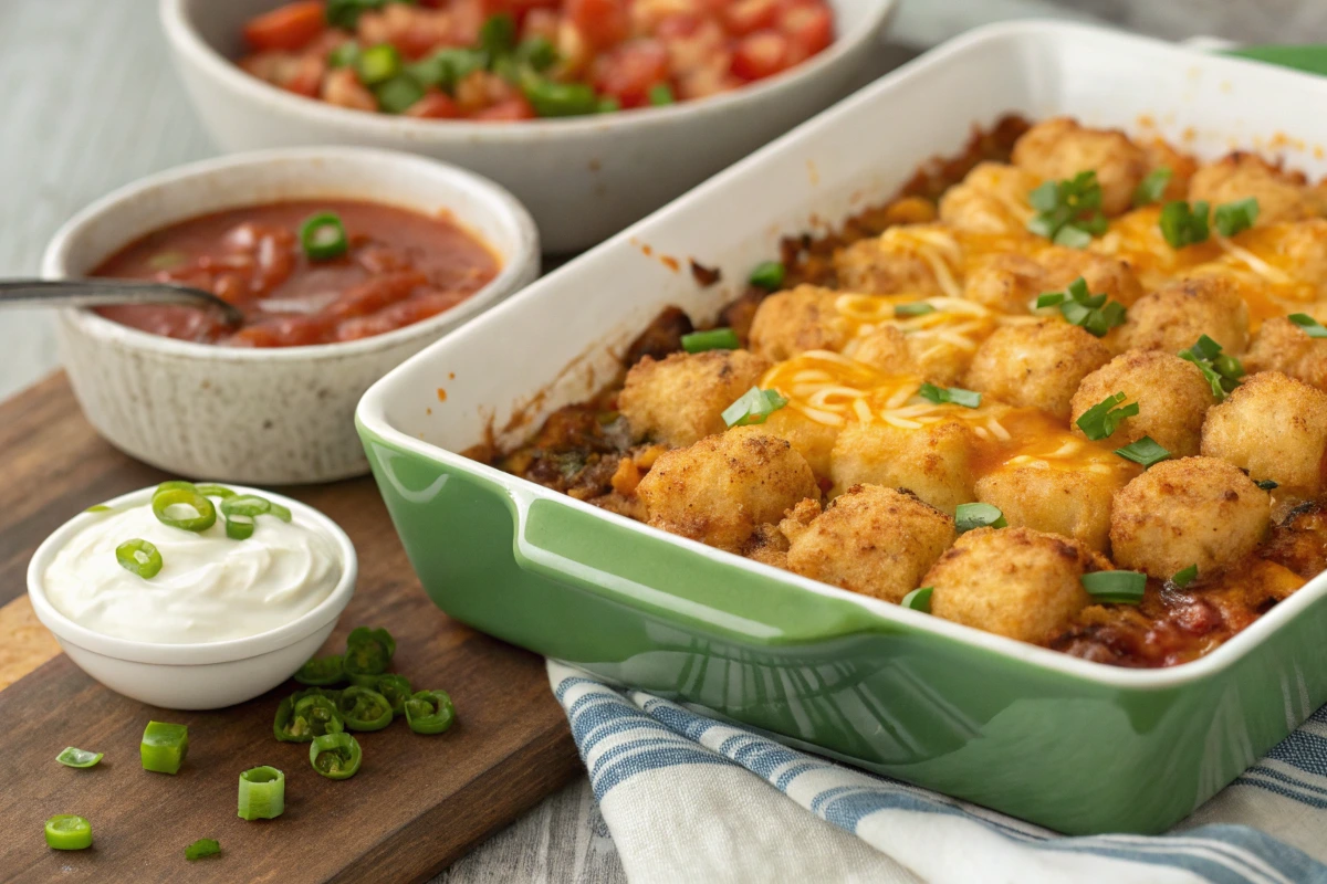 A freshly baked taco tater tot casserole with golden tots and cheese.