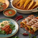 A vibrant spread featuring tacos with taco sauce and enchiladas with enchilada sauce, surrounded by fresh Mexican ingredients.