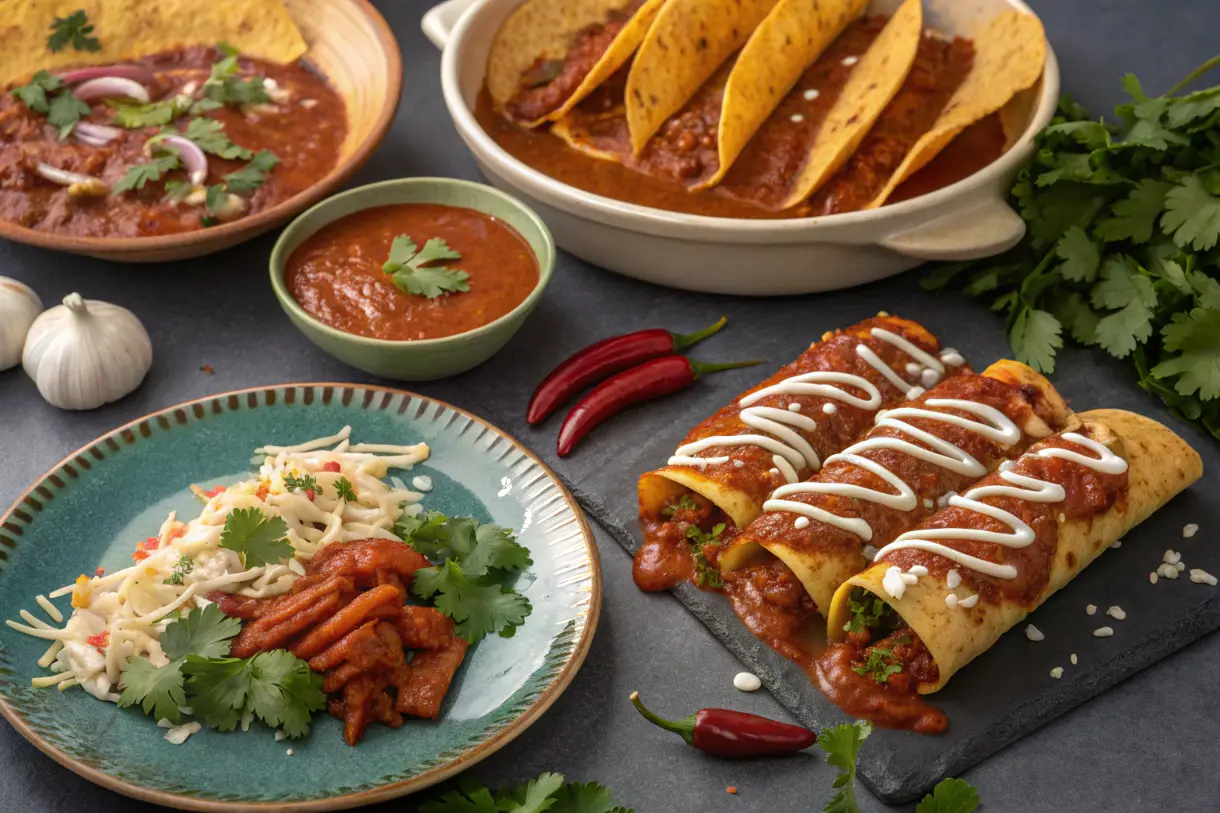 A vibrant spread featuring tacos with taco sauce and enchiladas with enchilada sauce, surrounded by fresh Mexican ingredients.