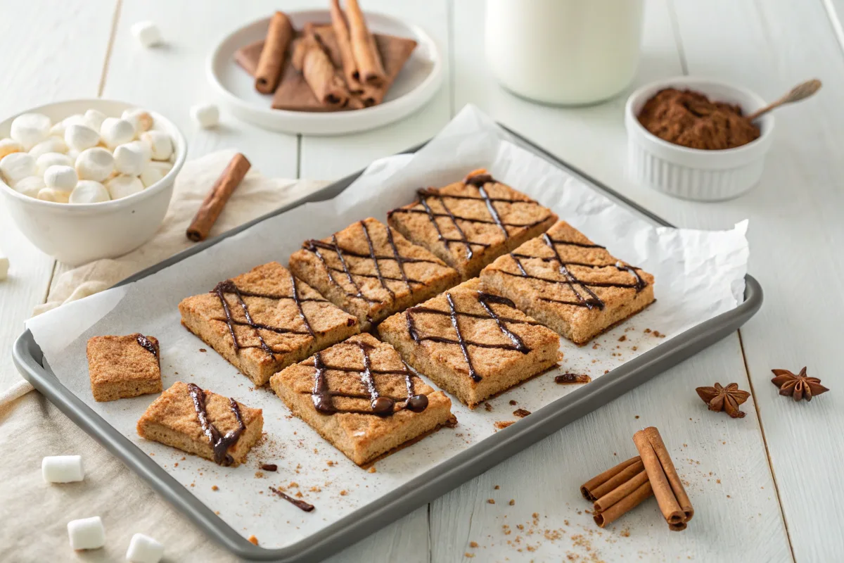 A tray of Cinnamon Toast Crunch Bars drizzled with chocolate and garnished with cinnamon sugar.