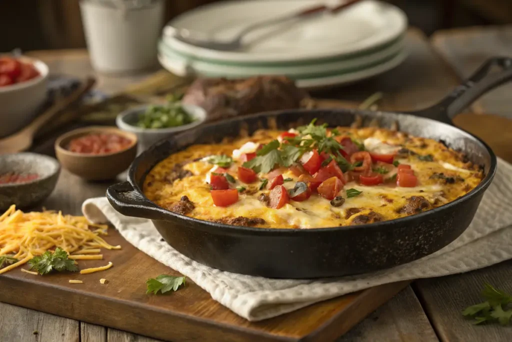  Rustic-style Cattle Drive Casserole with a golden cheese topping fresh from the oven.