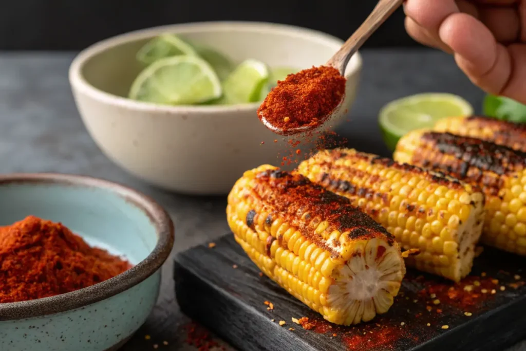 Top-down view of grilled corn, chili powder, lime, and cheese on a Mexican-style tablecloth.