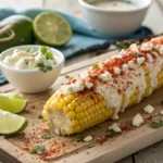 Hand sprinkling red chili powder onto grilled Mexican street corn with lime and seasoning bowl.