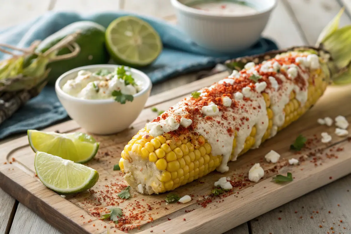 Hand sprinkling red chili powder onto grilled Mexican street corn with lime and seasoning bowl.