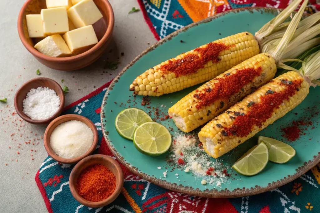 A grilled corn cob coated in chili powder, cheese, and lime wedges on a wooden table.