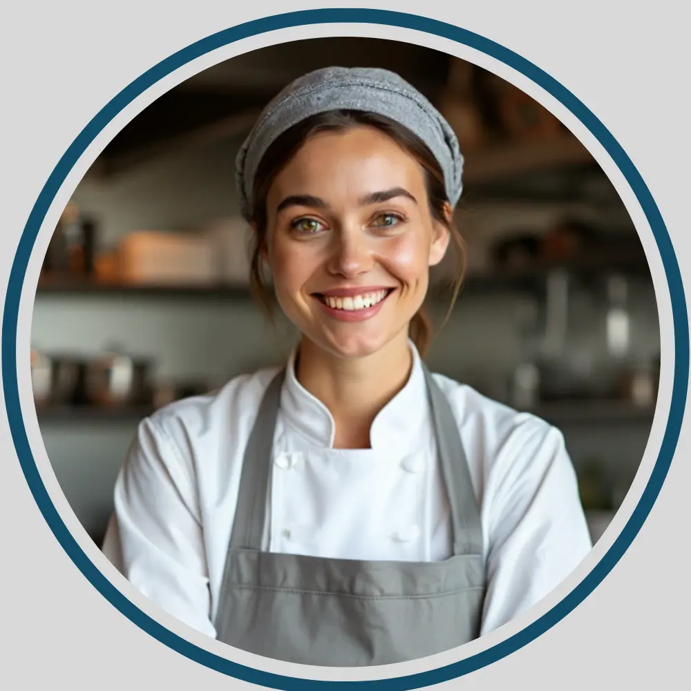 Smiling female chef in uniform.