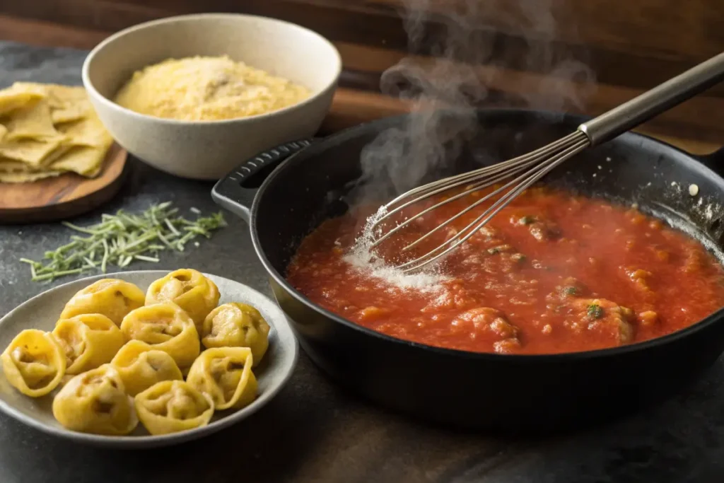 Cooking setup showing creamy tomato sauce in a skillet for tortellini.