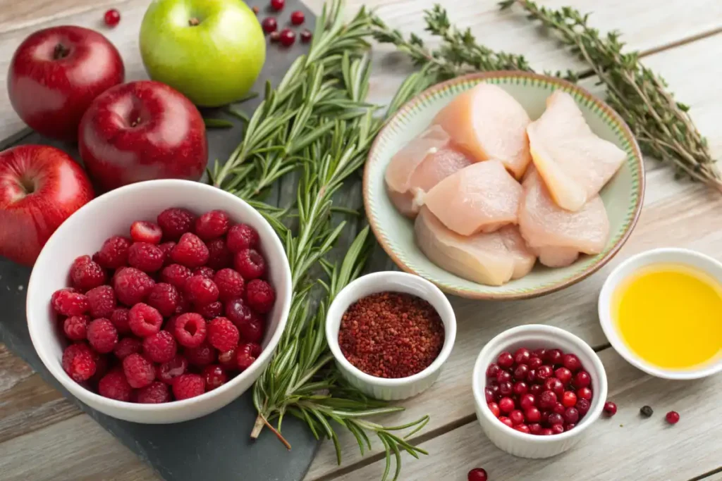 Fresh apples, cranberries, raspberries, raw chicken, and spices for making apple cranberry raspberry chicken.