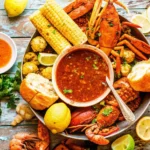 Seafood boil platter with shrimp, crab, and sauces