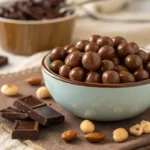 A bowl of shiny chocolate covered peanuts with scattered peanuts and chocolate pieces on a rustic wooden surface