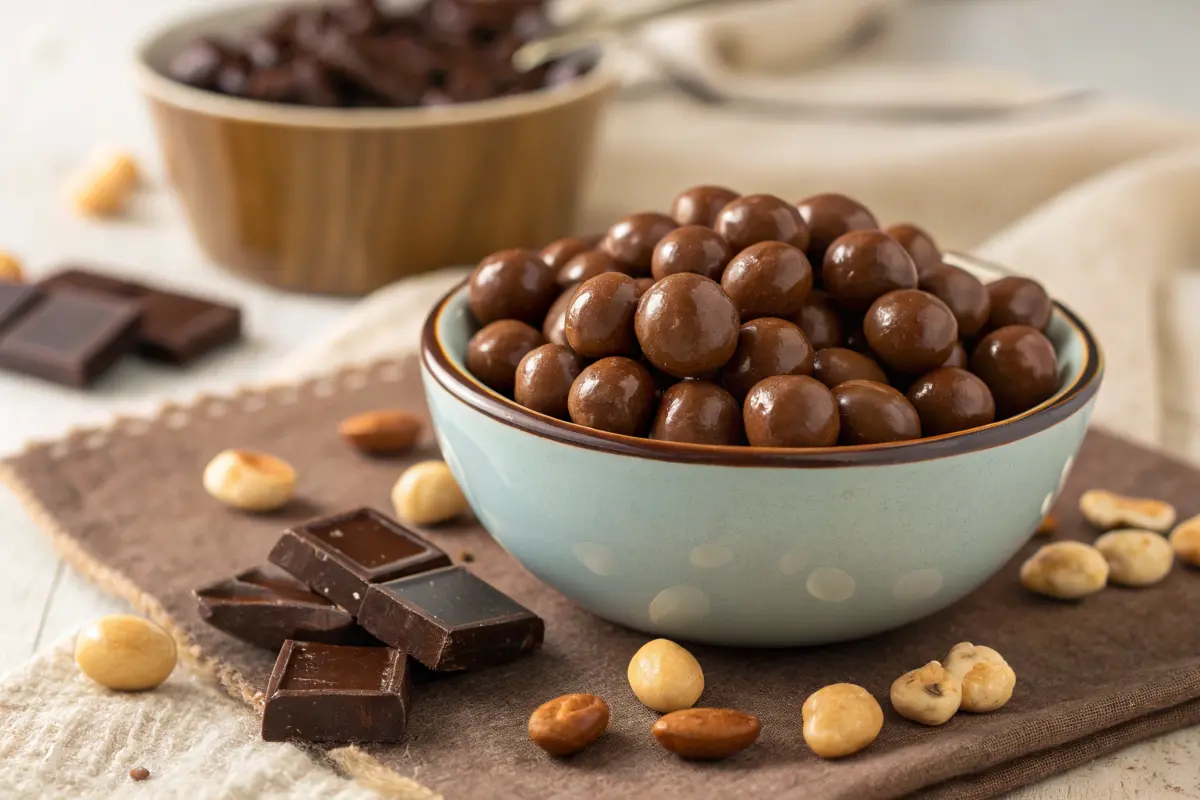 A bowl of shiny chocolate covered peanuts with scattered peanuts and chocolate pieces on a rustic wooden surface