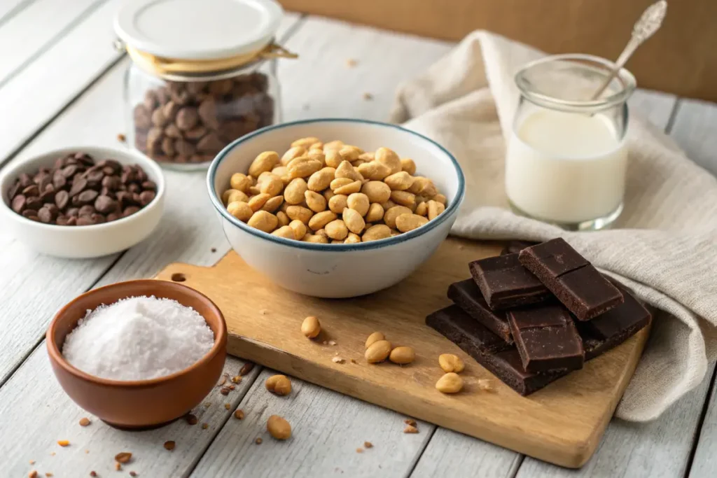 Ingredients for chocolate covered peanuts: roasted peanuts, dark and milk chocolate, coconut oil, and sea salt on a wooden countertop