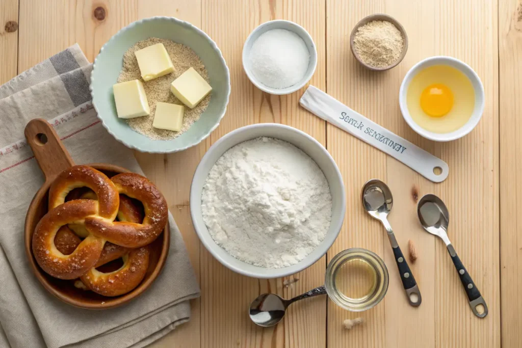 Ingredients for making soft pretzels, including flour, yeast, and butter, displayed on a rustic wooden countertop.