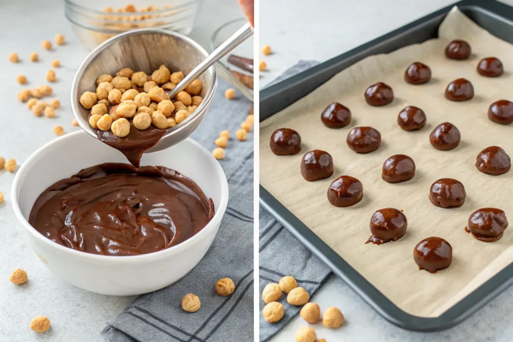 Process of making chocolate covered peanuts: melting chocolate, coating peanuts, and placing them on parchment paper to set