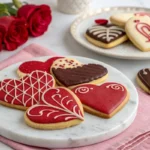 Beautifully arranged Valentine’s cookies on a marble plate, decorated with icing, sprinkles, and chocolate, set against a romantic background.