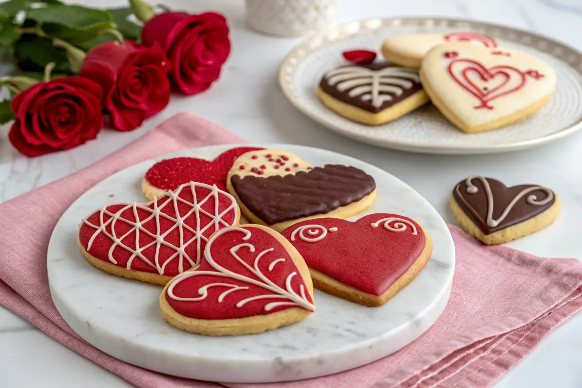 Beautifully arranged Valentine’s cookies on a marble plate, decorated with icing, sprinkles, and chocolate, set against a romantic background.