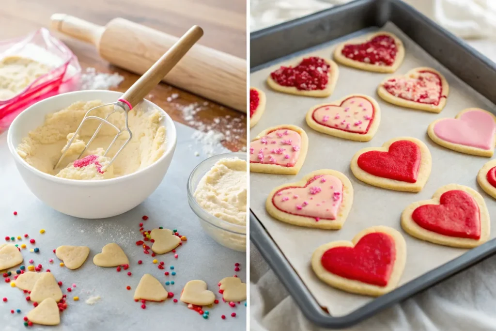 Step-by-step process of baking Valentine cookies, including dough mixing, heart-shaped cutouts, baking, and icing decoration.