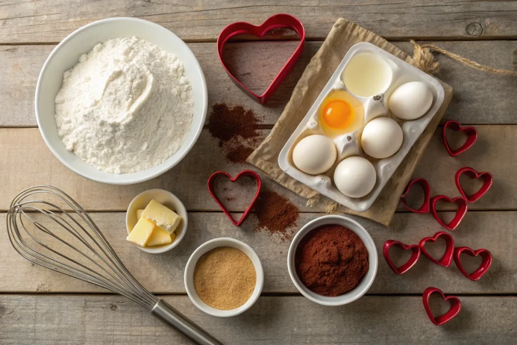 Valentine cookie ingredients including flour, butter, sugar, eggs, and red food coloring on a wooden countertop with heart-shaped cutters.