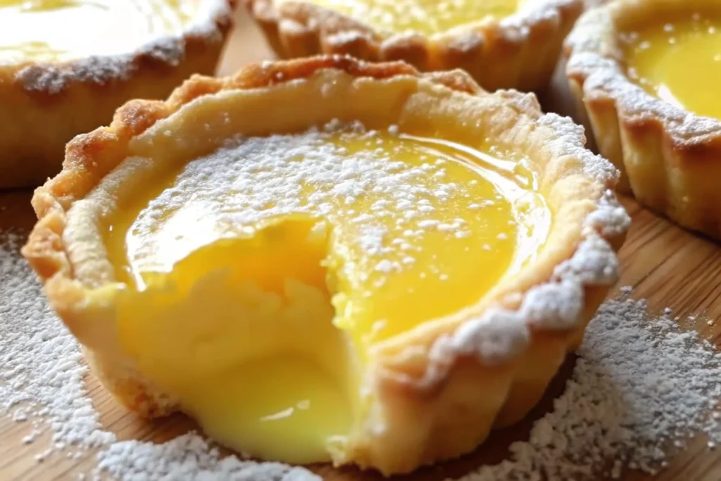 Baby lemon impossible pies with golden tops and powdered sugar